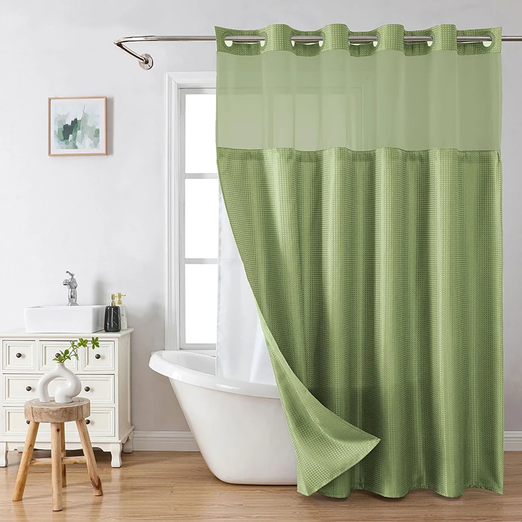 Hotel Double Layer No Hook Waffle Textured Waterproof Shower Curtain with Snap in Fabric Liner
