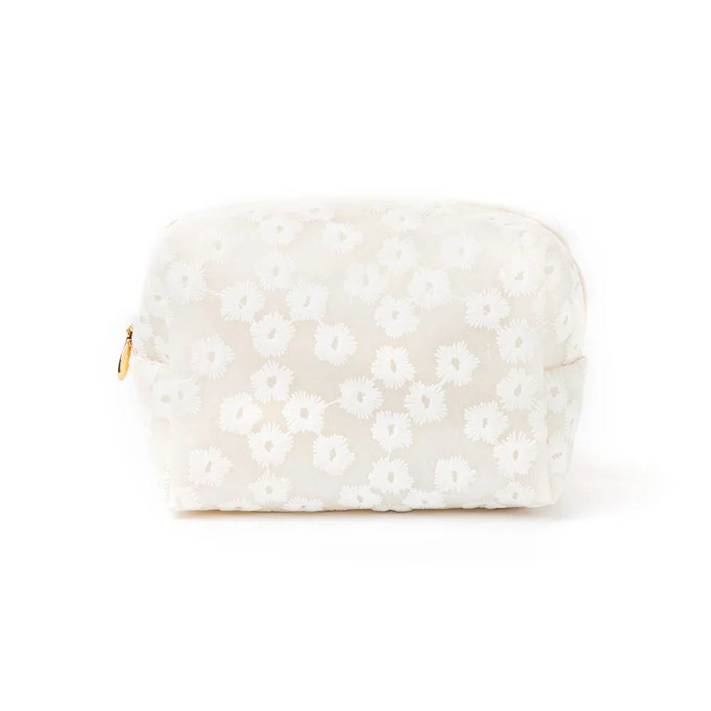 

White Flower Pattern Travel Makeup Pouchs Multi function Cosmetic Bag