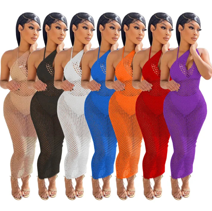 

2022 summer fashion sexy girls mesh beach wear long dress women solid white hollow out cover up beach maxi dress