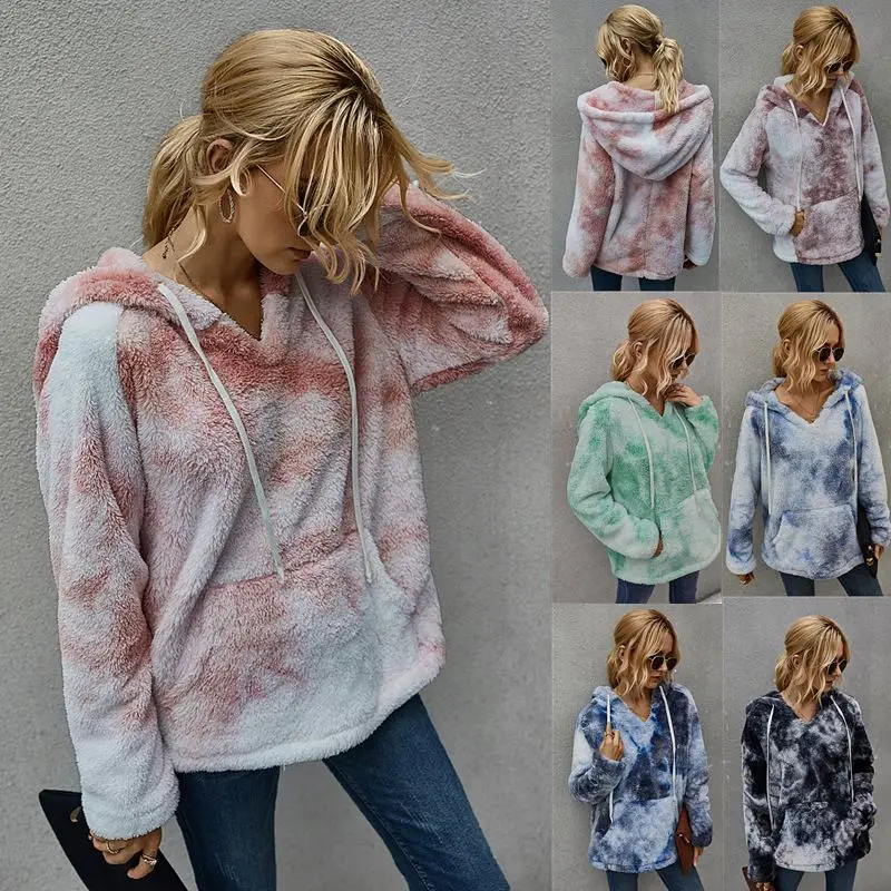 

2021Fall Winter Clothing Female New Arrival Trendy Tie Dye Print Women Pocket Sweatshirt Sherpa Hoodies Sherpa Fleece Pullover, Red long sleeve pocketsherpa pullover