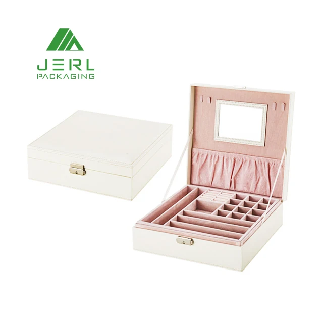 

High Quality White PU Leather Wooden Mirror Jewelry Storage Box for Earrings Necklace Ring, Black,white,pink,customized