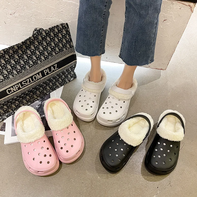 

Best Selling Winter Women Croc Shoes Outdoor Indoor Platform Clogs Plush Slipper Removeable Cotton Slippers Non-slip Fur Slides