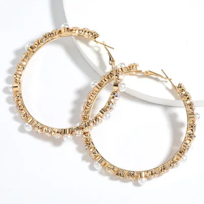 

Best Selling Women Jewelry 6.8cm Round Pearl CZ Circle Huggie Earrings Shiny Crystal Pearl Hoop Earrings