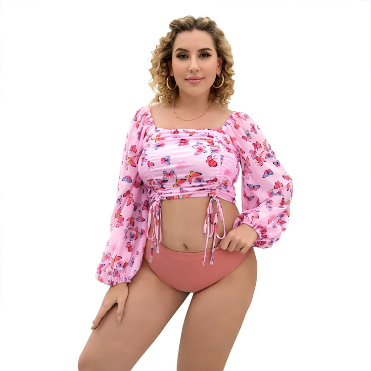 

Large size women's print blouse drawstring split swimsuit long sleeve two-piece set