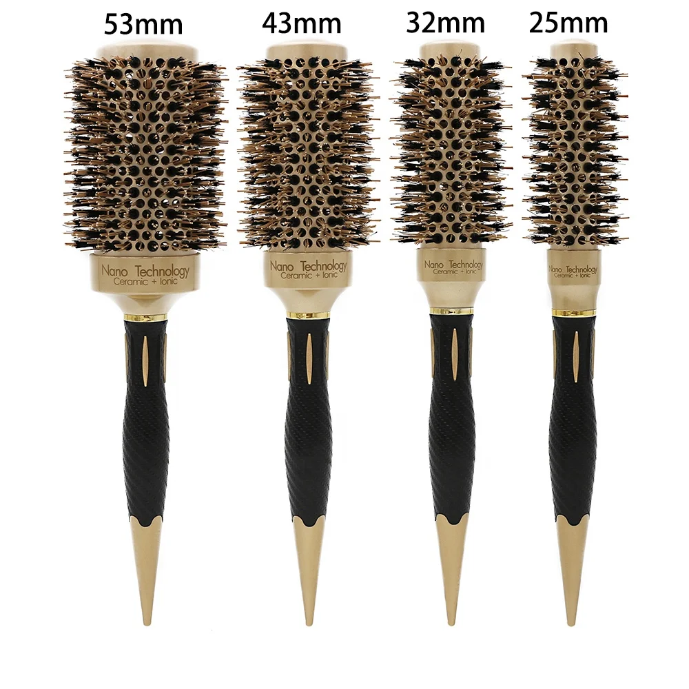 

New Style Gold Salon Nylon Hairdresser Hair Beauty Styling Mix Boar Bristle Roller Brush Round Nylon Ceramic Hair Brush