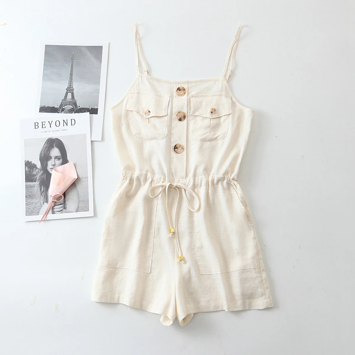 

Spaghetti strap design summer cargo playsuit women cotton linen lace up waist jumpsuits