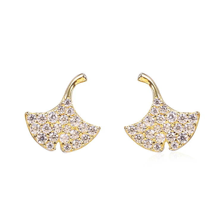

Custom 925 sterling silver korean style women zircon jewelry gold plated maple leaf earrings personality ginkgo leaf earrings