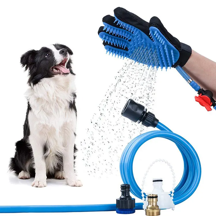 

Hot Sale Pet Cleaning Massage Shower Spray Gloves Pet Bathing Massaging Glove Dog Silicone Shower Brush with 3 Faucet Adapters, Blue