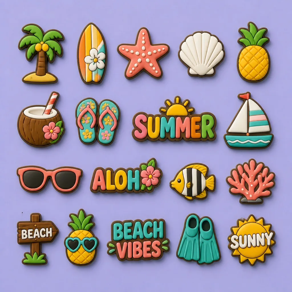 Complete summer beach and tropical charm library laid out as a coordinated assortment