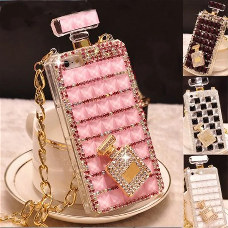 

Luxury Rhinestone Perfume Bottle Phone Case For Iphone12 11Pro 7 8 X XS MAX Protect Case With Crossbody Chain For Samsung Cover, 4 colors