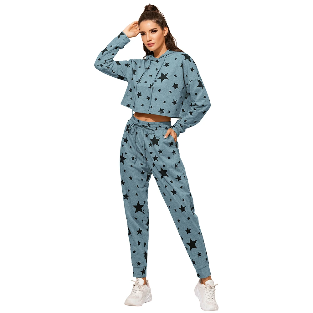 

Autumn Winter Women's Fashion Star Print Long Sleeve Hoodie Loose Drawstring Trousers Set Casual Sports Two Piece Set, As show
