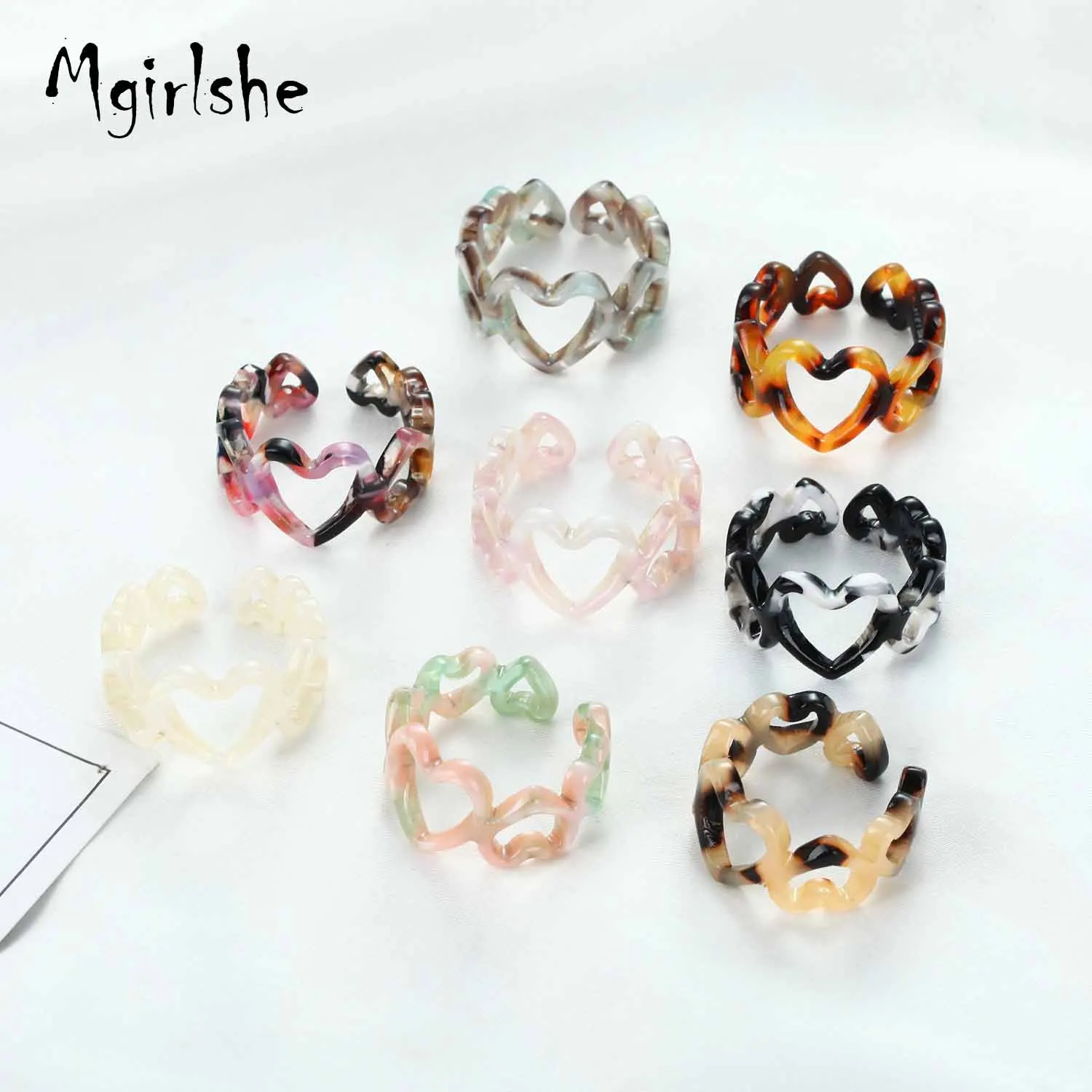 

Mgirlshe Europe and America Popular Heart Shaped Acrylic Acid Rings Adjustable Open Fashion Jewelry Ring for Women and Gilrs