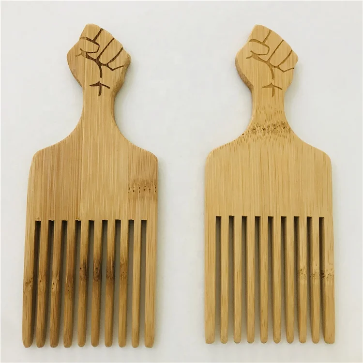 

Custom Wholesale Wooden Hair Pick Fist Fork Comb Afro Hair Comb, Natural color
