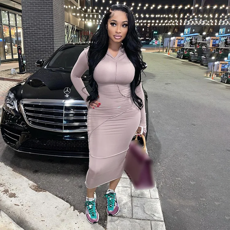 

Versatile Casual Clothings Ladies Maxi Dress Long Sleeves Autumn Hooded Dresses For Women, Pink