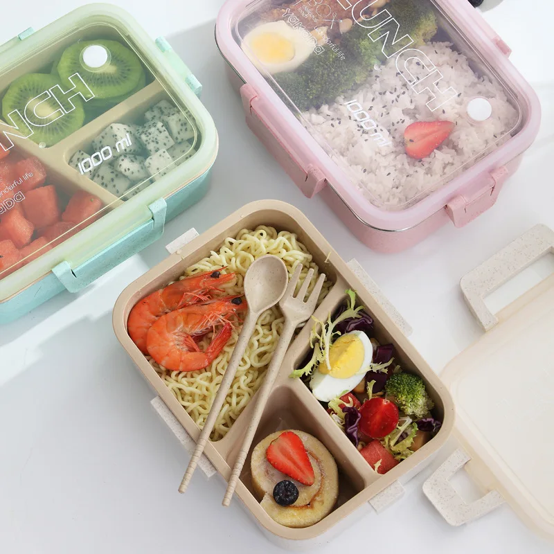 

BPA Free and Eco-Friendly Microwave & Dishwasher for Kids 3 Compartments Wheat Straw Bento Lunch Box, Beige/pink/green