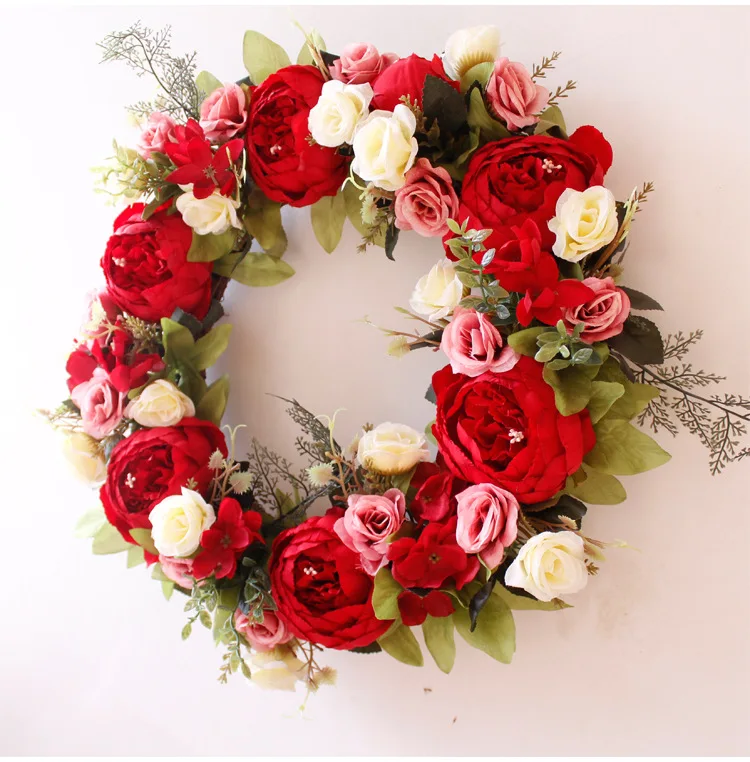 40厘米人造红色牡丹花环装饰仿真花花环婚庆家居门墙道具装饰