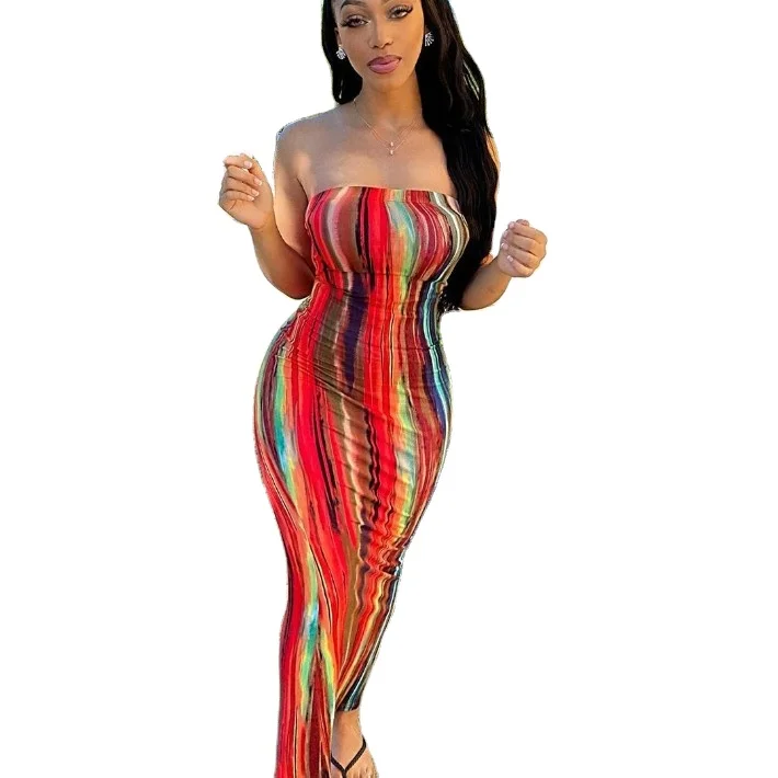 

2021 Sleeveless Slash Neck Tye Die Style Skinny Maxi Dress Summer Women Fashion Sexy Streetwear Casual Outfits, Black