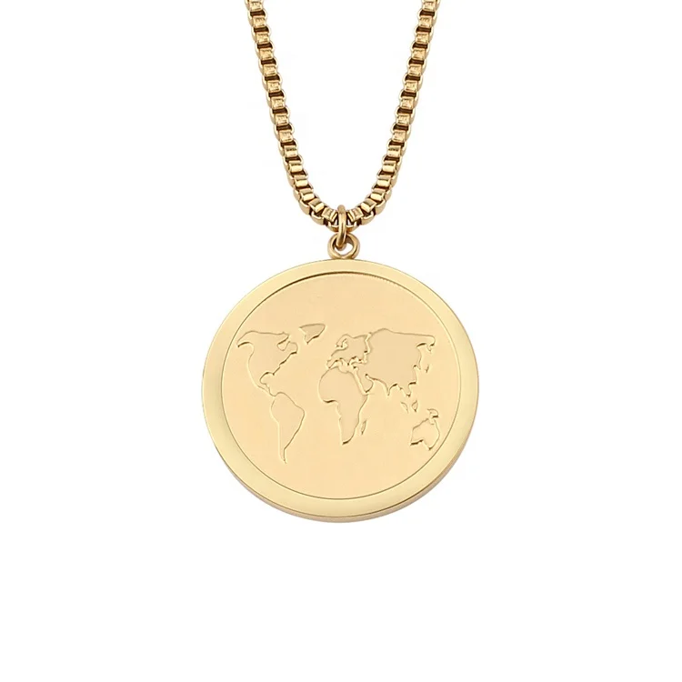 

Women Men Traveler Globe Earth Box Chain Necklace Map of World Disc Coin Necklaces Pendant Necklaces Link Chain Stainless Steel, Steel/gold/rose gold