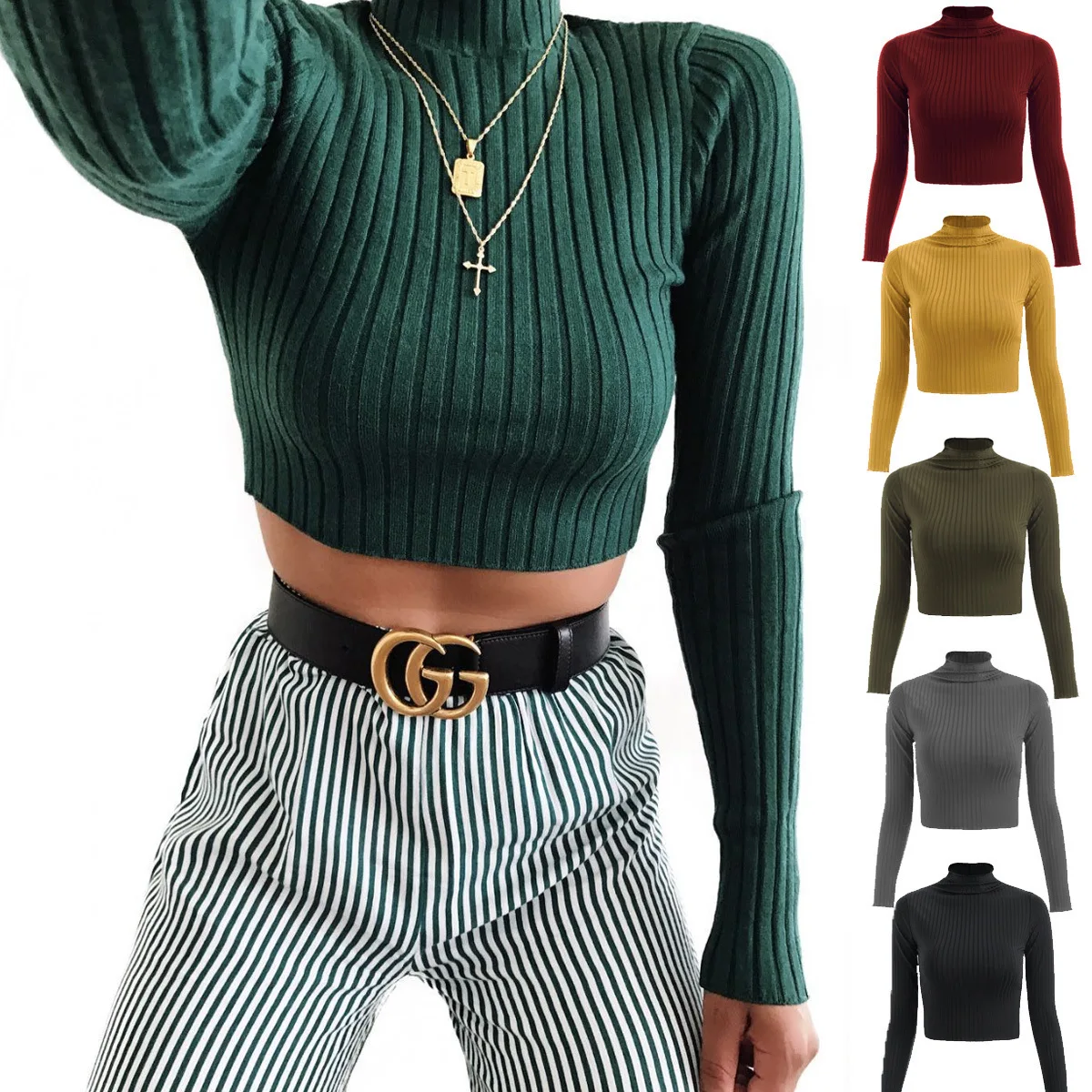 

Long-Sleeved Knitted T-Shirt Women Solid-Colored Trim Unbuttoned Top Busty Semi-High-Necked Sweater XQM
