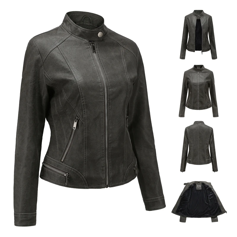 

2021 New Style Veste Cuir Femmes Elegant Fur Blazer Women Windproof Fall Leather Jacket, 4 colors