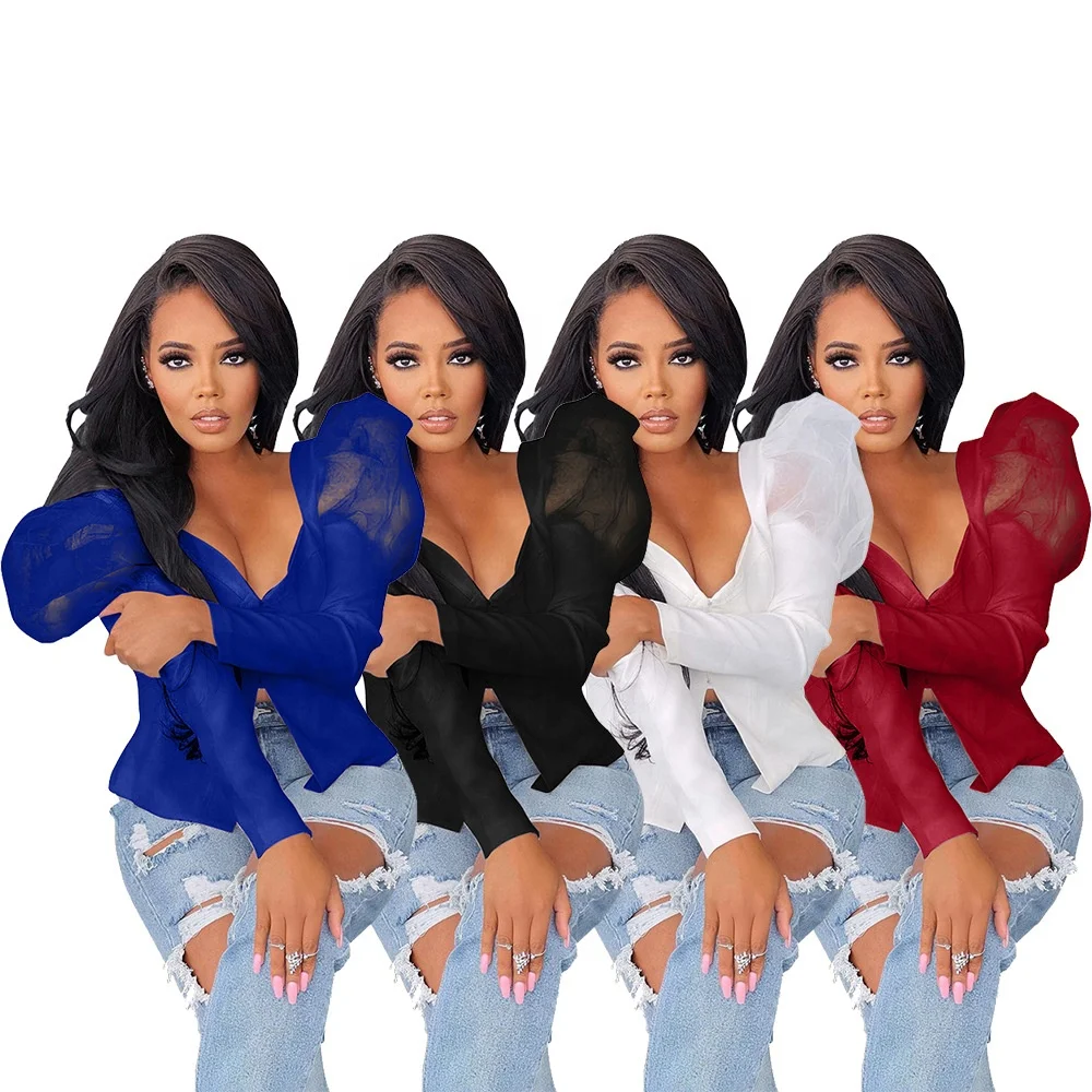 

Summer new deep V mesh bubble sleeve solid summer women's waist long sleeve shirt