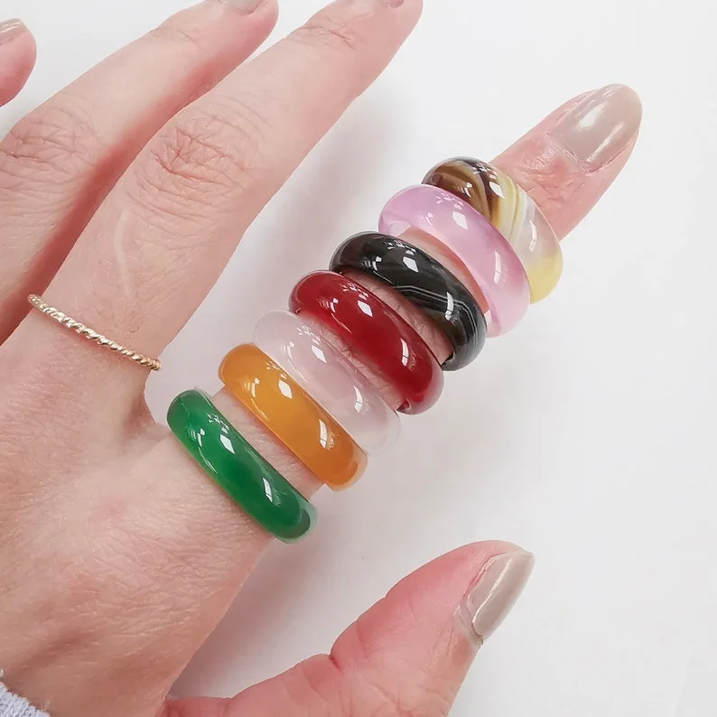 

Wholesale 6 mm Natural real jade Agate ring multicolor jade Gemstone solid band Ring for men women, Picture
