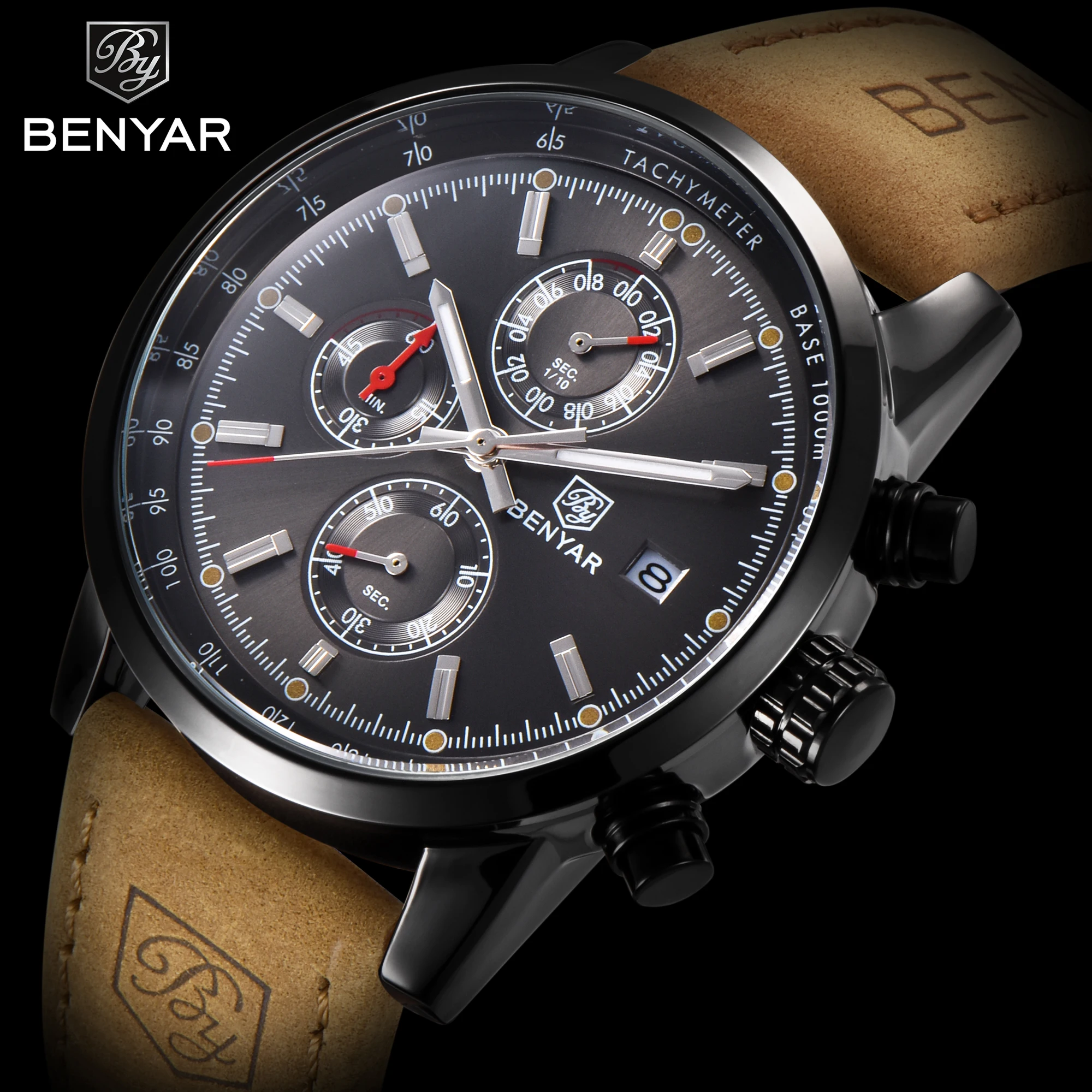 

Benyar 5102 dropshipping Brown man quartz watch vive Genuine Leather Strap 3 dials date display Concise business wrist watch