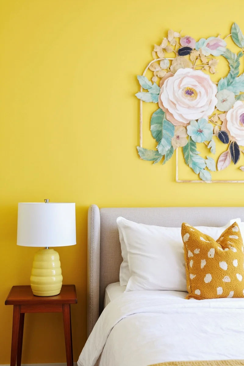 Modern yellow bedroom with minimalist furniture and LED lighting
