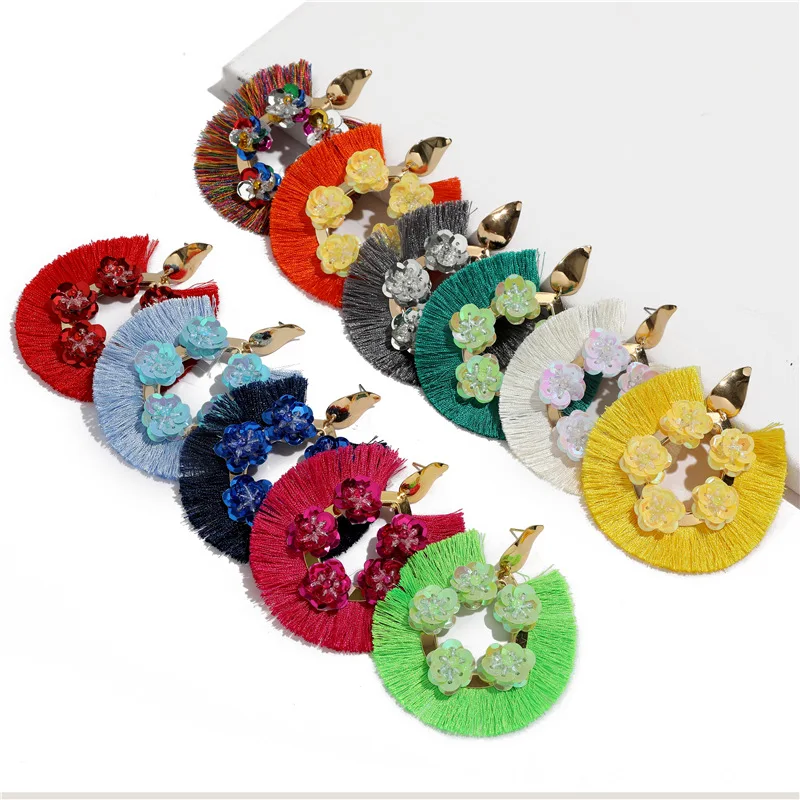 

aretes de mujer Real Gold Plated Hollow Flower Tassel Dangle Earrings Bohemian Colorful Silk Fringe Tassel Drop Earrings