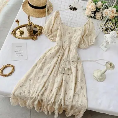 

New arrival French elegant fairy dresses sweet retro lace long skirt high waist thin floral dress for women