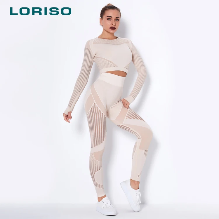 

2020 Amazon women ropa deportiva mesh two piece long sleeve seamless yoga set sportswear gym fitness workout clothing with logo, Multicolor optional