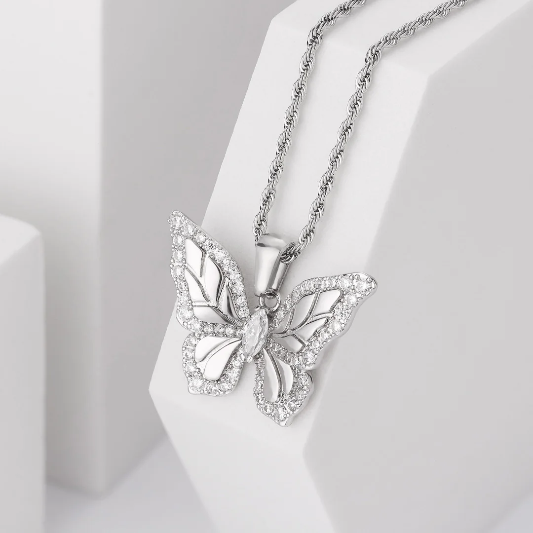 Krkc White Gold Plated Iced Out Cz Morpho Helena Butterfly Necklace ...