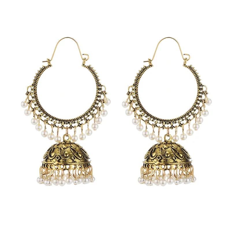 

Ethnic Wedding Wear Golden Pearl Beaded Handmade Jhumka Earrings Design Traditional Jewellery