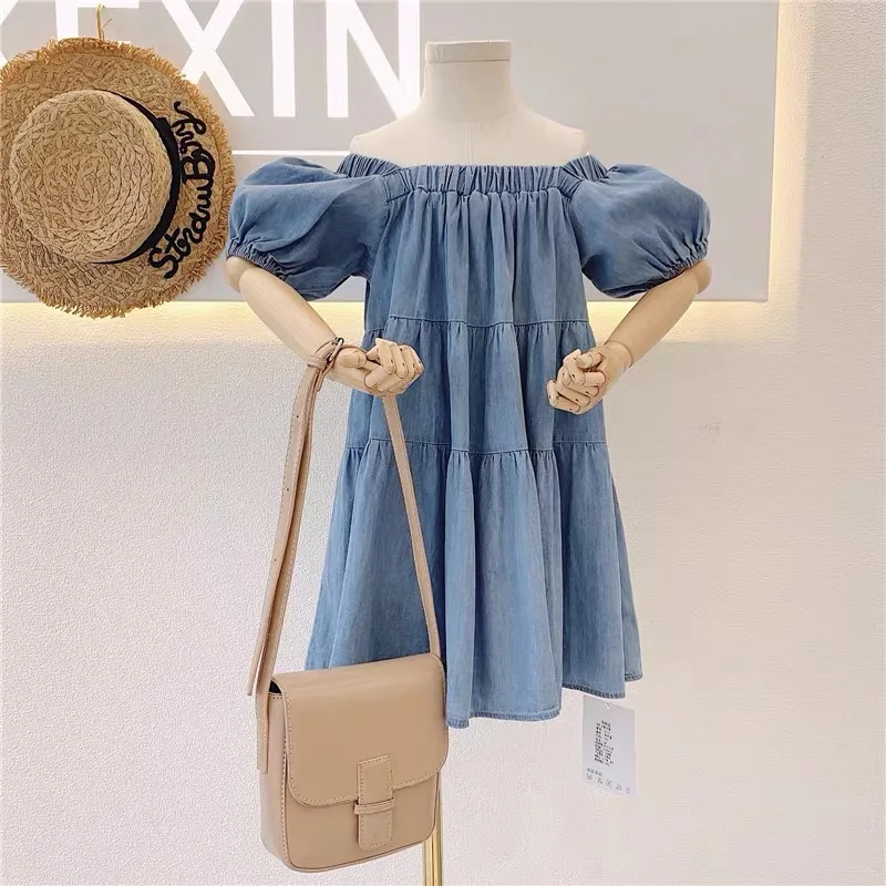 

New fashion toddler Girls summer solid off-the shoulder cotton denim dress, Picture shows