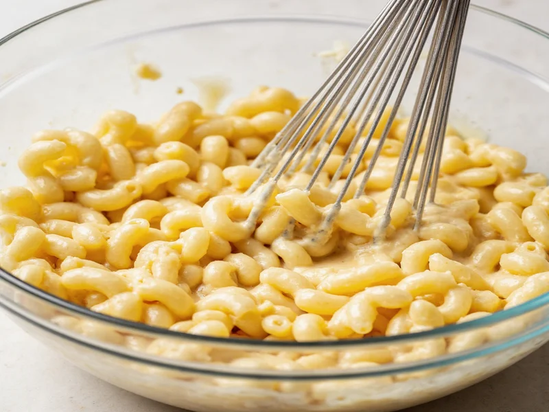 Mixing creamy macaroni salad dressing in glass bowl with whisk