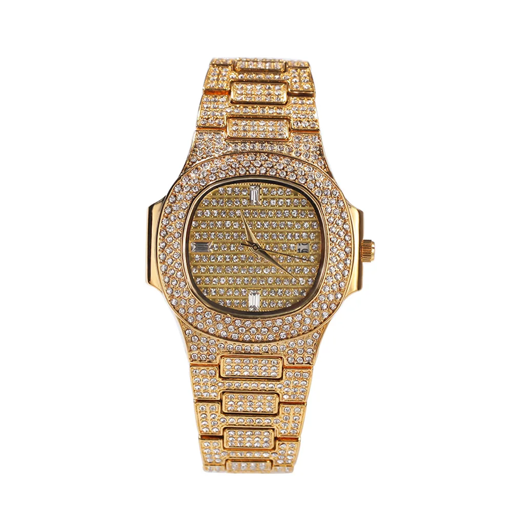 

Wholesale Luxury Men Iced Out Hip Hop Jewelry Watch Full CZ Bling Crystal Gold Diamond Quartz Watches