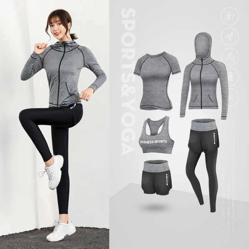 

PDEP 5 Pieces High Waist Women Female Yoga Wear Dress Set Outdoor Running Quick Dry Fitness Gym Sports Dress Wear Clothing Cloth