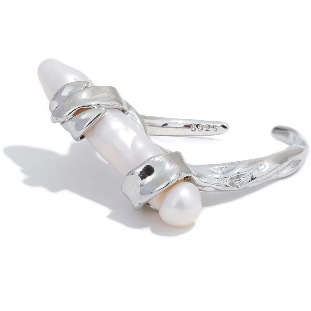 

JINYOU 06 925 Sterling Silver Geometric Natural Freshwater Pearl Open Ring Fashion Luxury Vintage Chic Jewelry Engagement