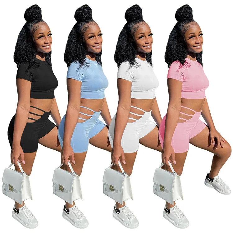 

Latest design solid 2021 Summer short sets for women custom logo two piece biker short set short sleeve two piece short set