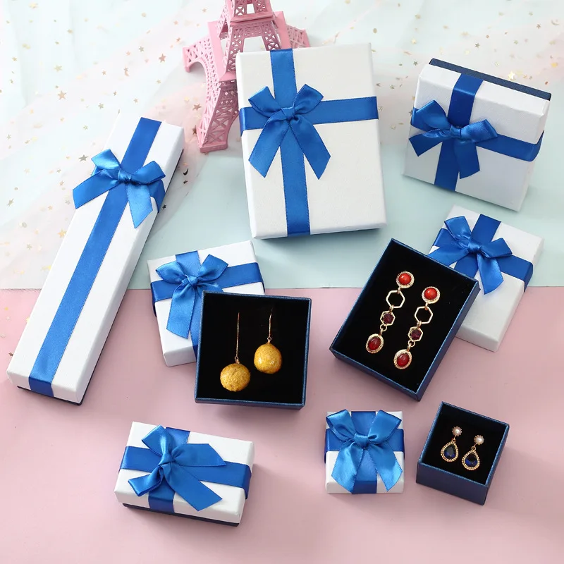 

Blue Ribbon Hand Bow Jewelry Box with Lid for Ring Storage and Display Packaging & Display for Jewelry