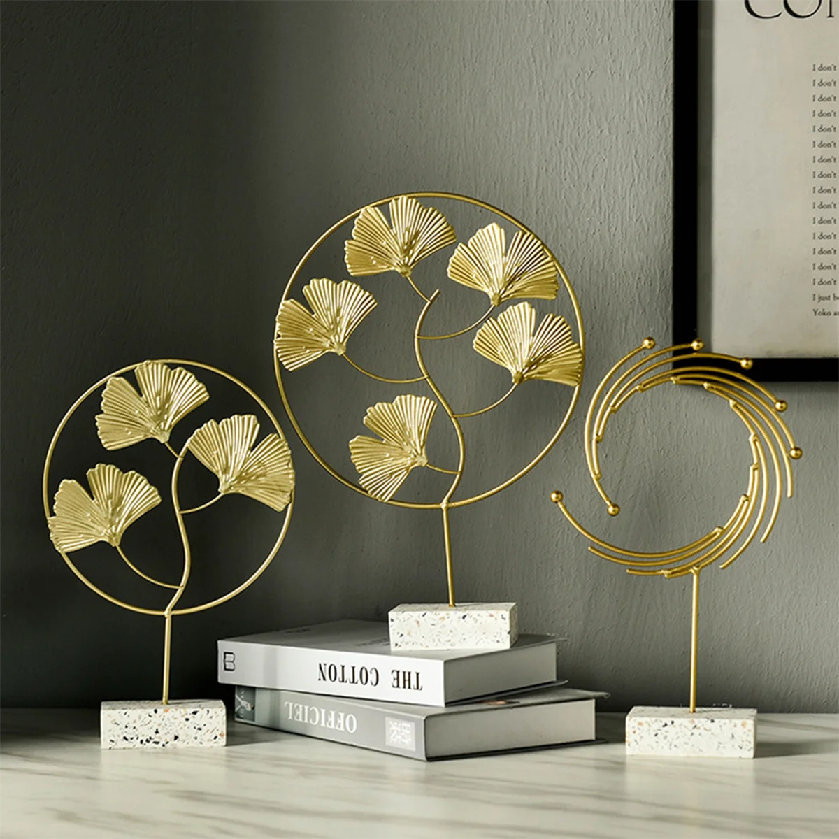 

Light luxury wrought iron gold creative home accessories wholesale marble base ginkgo leaf ornaments other luxury Home Decor