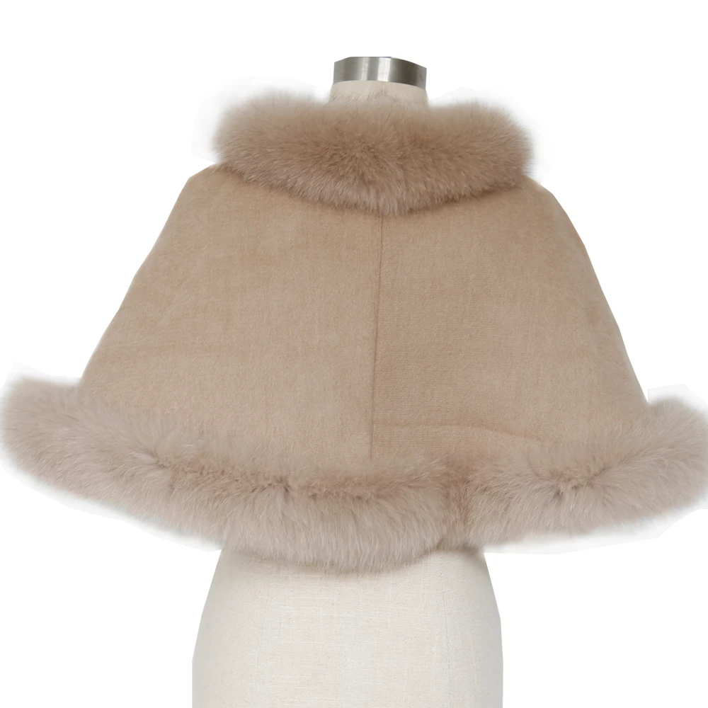 
High quality fashion design soft fur trim knit cape for women custom luxury poncho ladies winter fur cape coat 