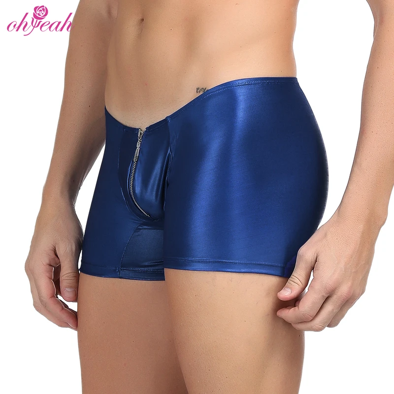 New design Blue Mens Zipper Boxer Briefs High Elasticity Fashion Hot Sexy Brief Mens Leather Underwear