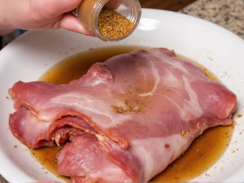 Homemade bacon curing mixture application on pork belly