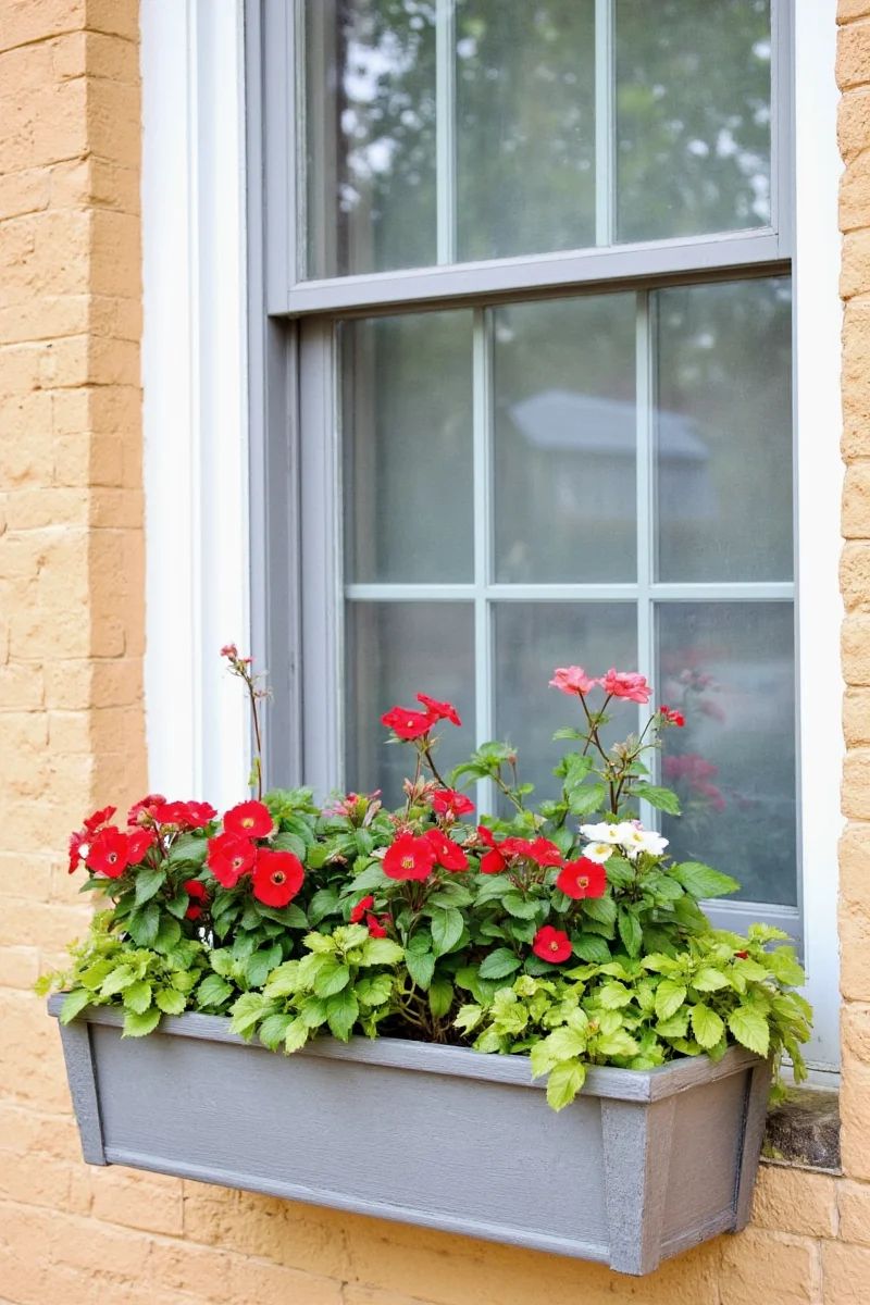 A securely mounted wrought iron window box filled with pet-safe herbs and marigolds