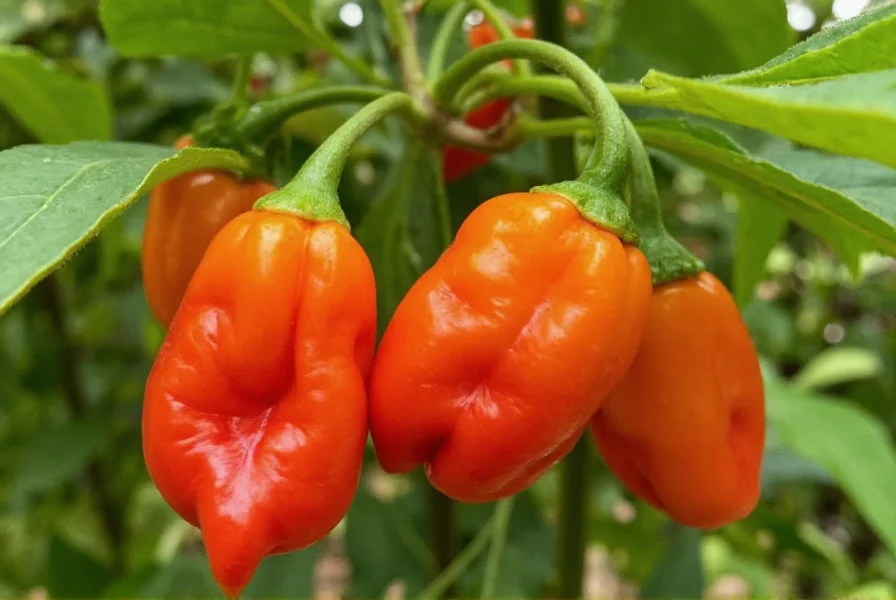 Close-up photograph of vibrant red and orange Scotch Bonnet peppers growing on plant with characteristic wrinkled skin and rounded shape