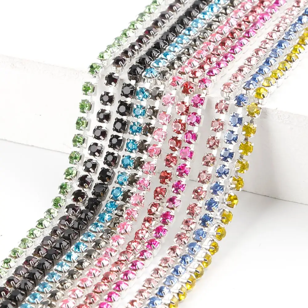 

Factory Wholesale 2-3mm Crystal Trimming Chain Self Adhesive Rhinestone Sew-On Chain Roll, All colors in stock