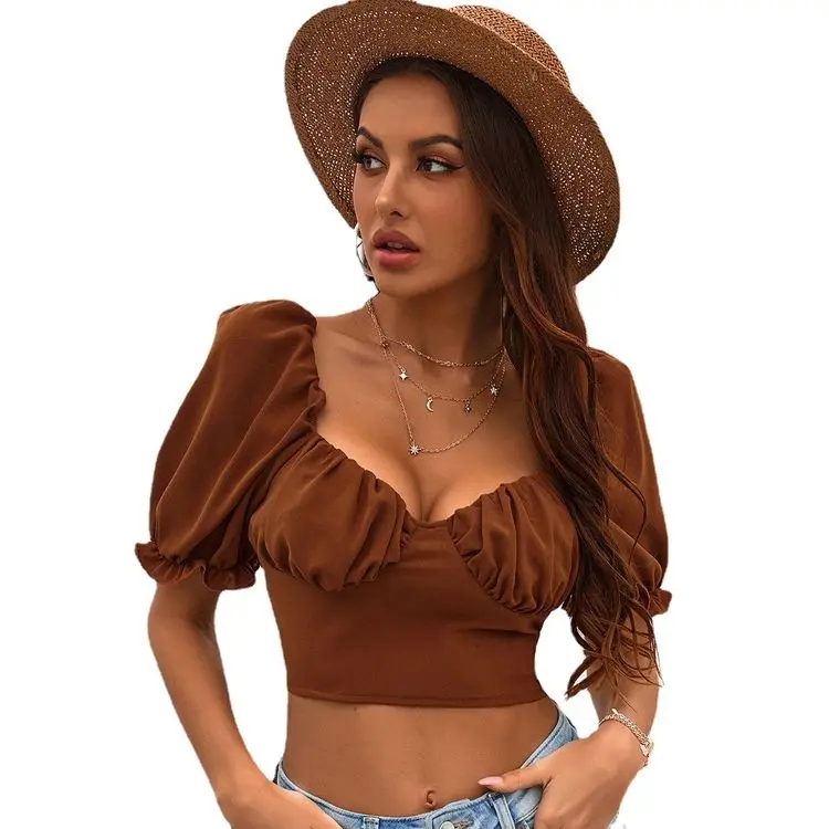 

Fashion Women Blouse Puff Sleeves Backless Crop Top Bandage Bow Short Shirt