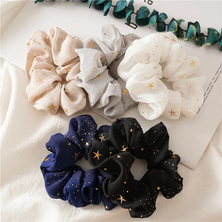 

MIO Korean Sweet Girls Hair Accessories Chiffon Fabric Gold Star Pattern Hair Scrunchies Ties Solid Color Elastic Hair Band