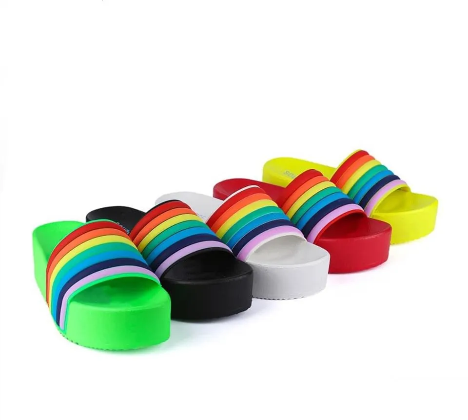 

New beautiful style large size PVC rainbow platform sandals for women wearing casual slippers female stock, As picture